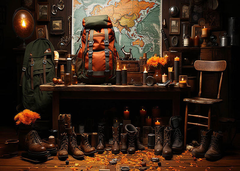 Toile de fond pour photographie de sac à dos et de chaussures de voyage Avezano pour la rentrée scolaire