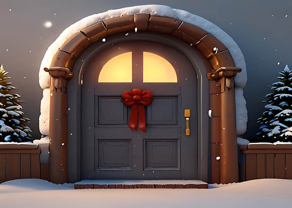 Toile de fond pour photographie de Noël avec porte enneigée d'Avezano