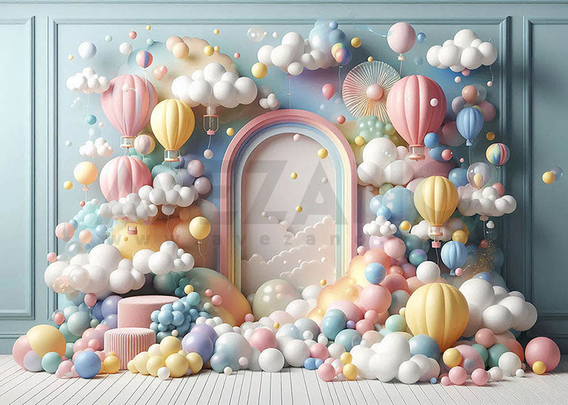 Fond de photographie de fête de Cakesmash de montgolfière arc-en-ciel d'Avezano