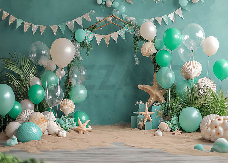 Fond de photographie de fête Cakesmash sur le thème de la plage de ballons verts d'Avezano