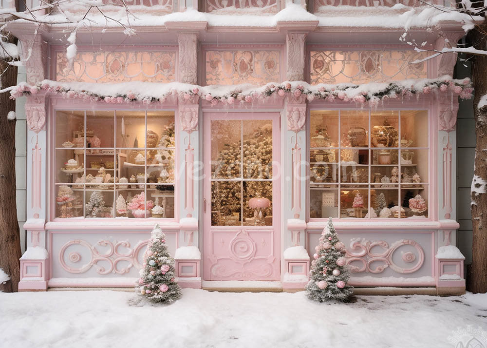 Toile de fond pour photographie de la boutique de Noël de la maison rose enneigée d'Avezano