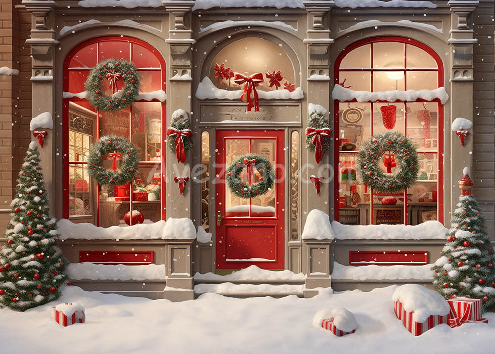 Toile de fond pour photographie de Noël avec portes et fenêtres rouges d'Avezano