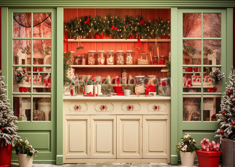 Toile de fond pour photographie de la porte de cuisine verte de Noël d'Avezano