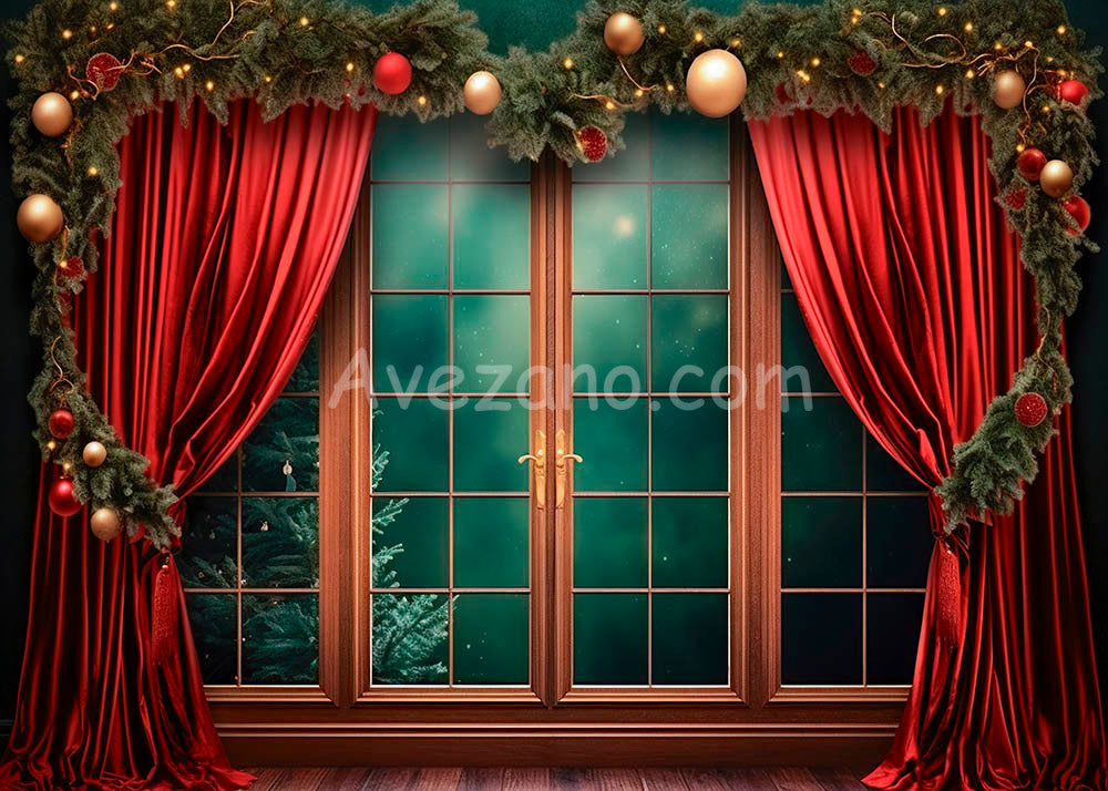 Toile de fond pour photographie avec baies vitrées et rideaux rouges à Avezano