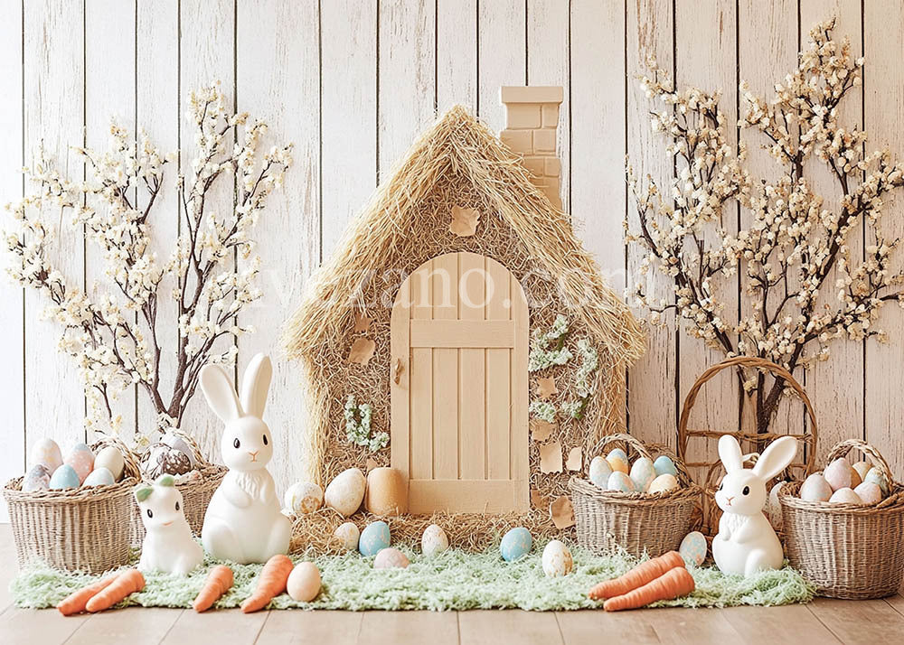 Avezano Spring Easter Rabbits Flower Tree and Straw Houses Photography Backdrop