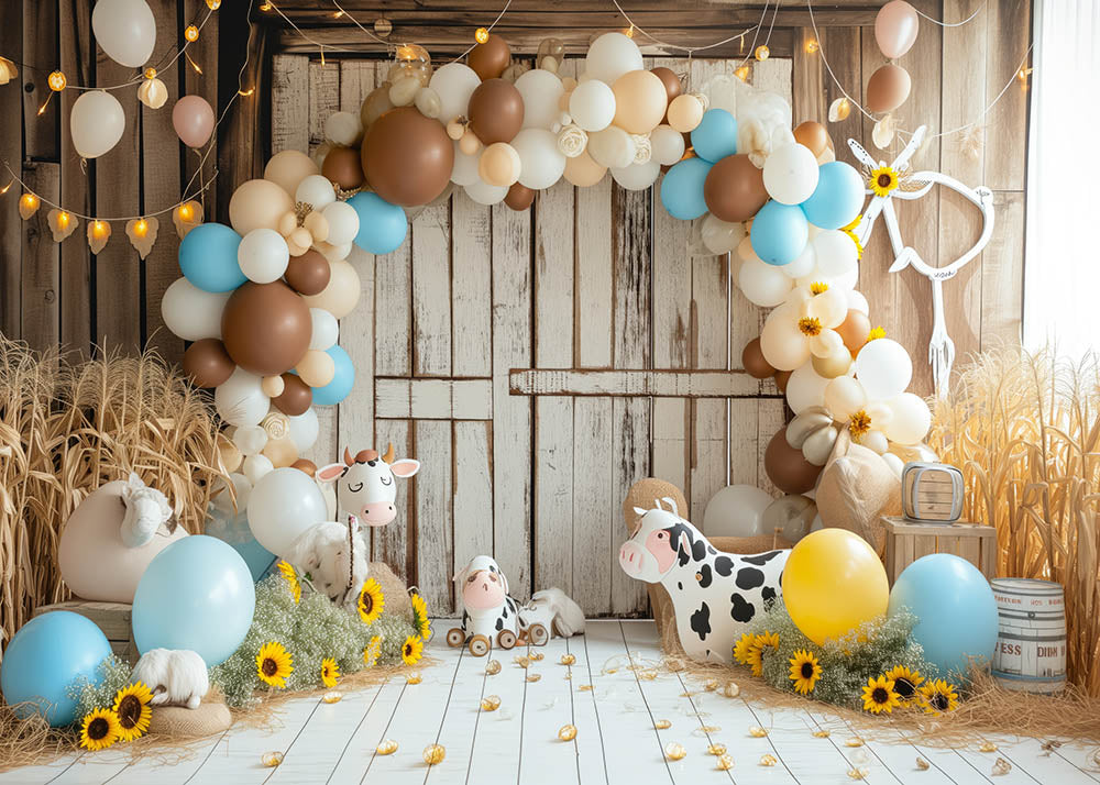 Arrière-plan de photographie d'arche de ballons sur le thème de la vache Avezano