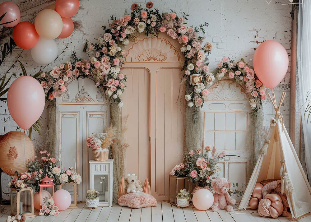 Avezano Flowers Decorate Arches and Balloons Photography Background