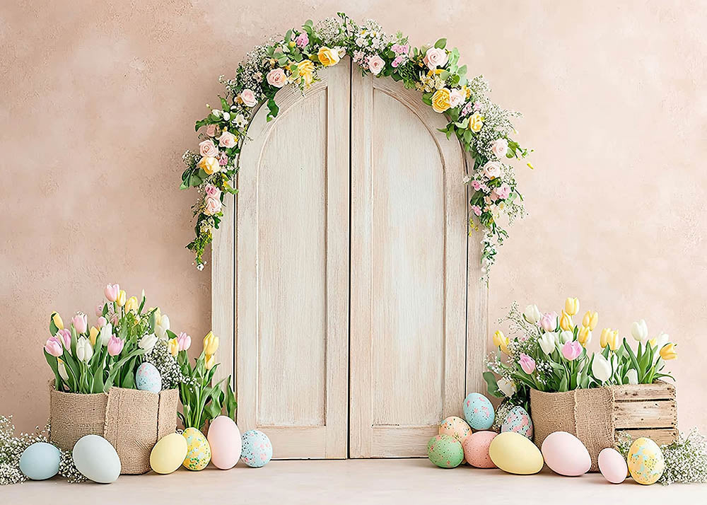 Avezano Spring Easter Wooden Door and Flowers Photography Backdrop