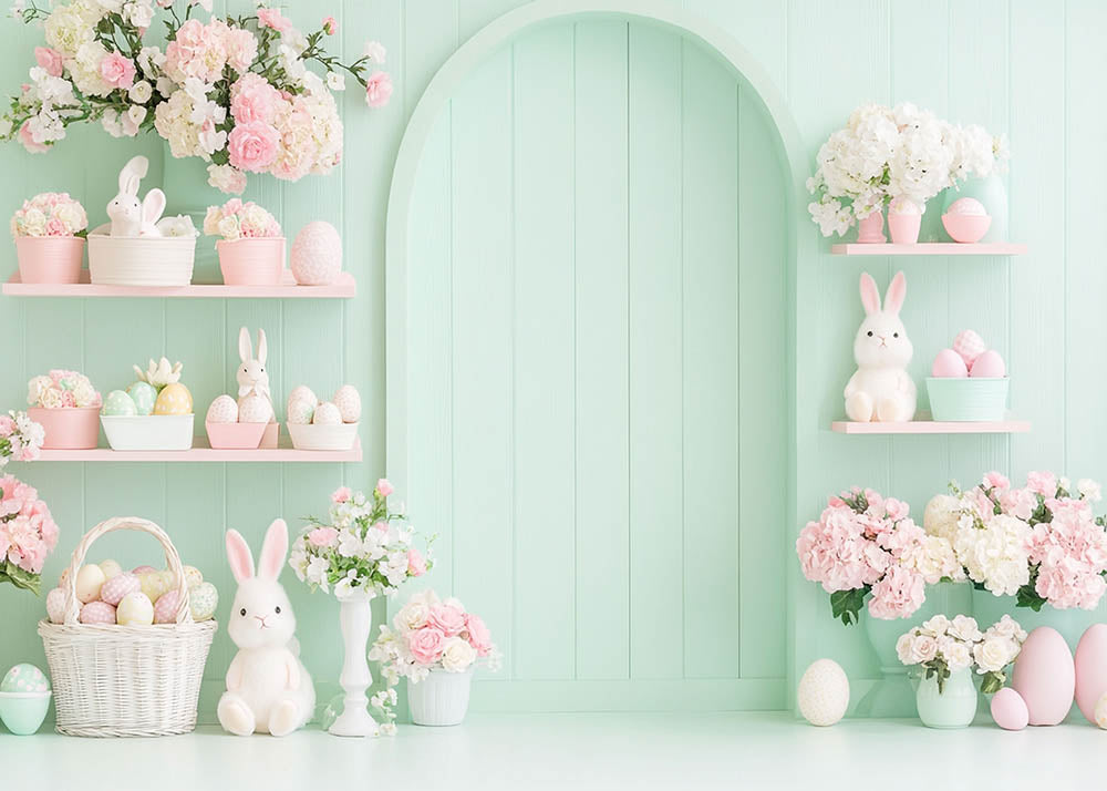 Avezano Printemps Pâques Murs Vert Clair et Ornements Photographie Toile de Fond