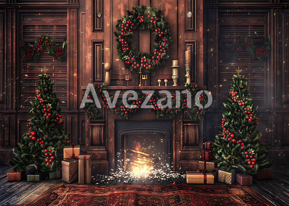 Toile de fond pour photographie de sapin de Noël blanc et de cadeaux d'Avezano