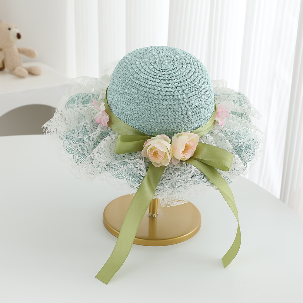 Avezano Girls Lace Flower Straw Hat with Ribbon Kids Photography Prop