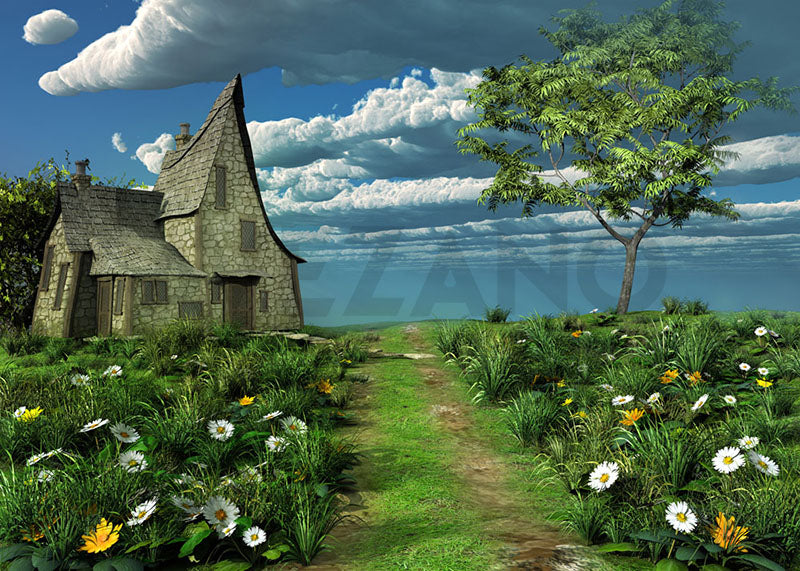 Toile de fond pour photographie de la maison du pré de fleurs de printemps d'Avezano