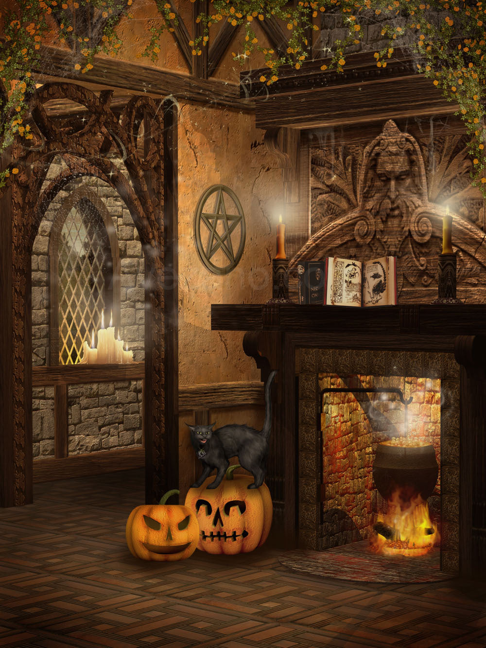 Avezano Halloween Fireplace and Black Cat Photography Backdrop