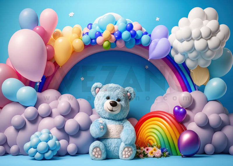 Avezano Blue Teddy Bear Balloon Party Birthday Photography Background-AVEZANO