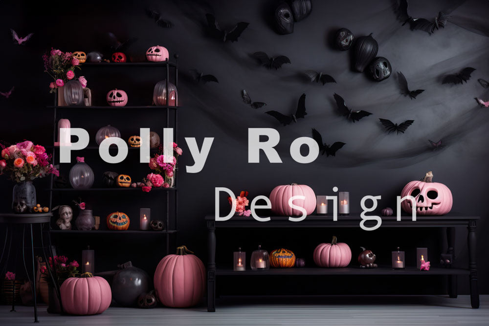 Toile de fond de photographie d'Halloween noire et rose Avezano conçue par Polly Ro Design