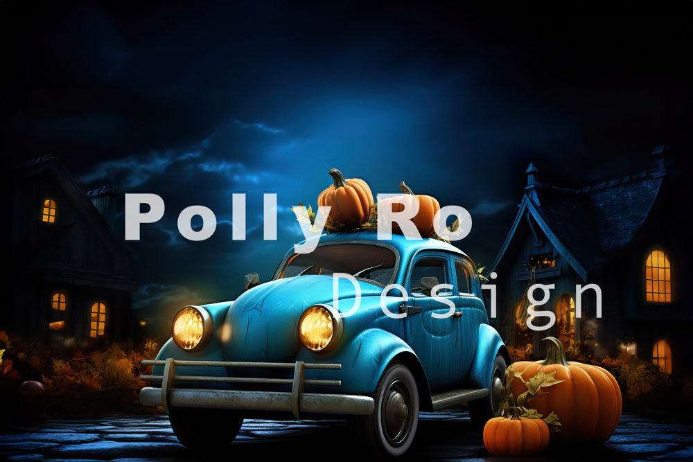 Toile de fond pour photographie de voiture bleue d'Halloween d'Avezano conçue par Polly Ro Design