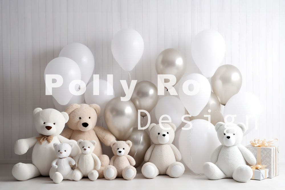 Toile de fond pour photographie d'ours en peluche blancs et de ballons Avezano conçue par Polly Ro Design