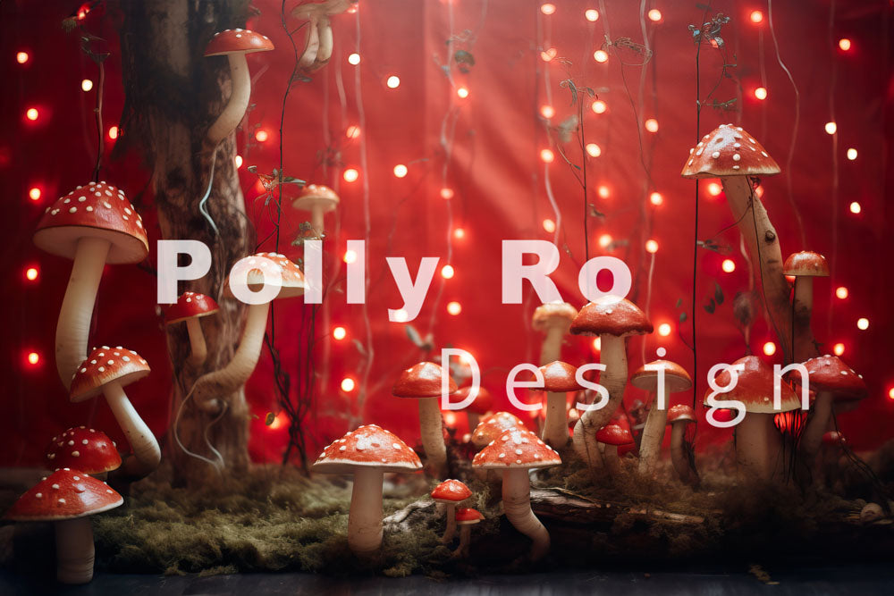 Toile de fond pour photographie de la Saint-Valentin avec champignon rouge Avezano conçue par Polly Ro Design
