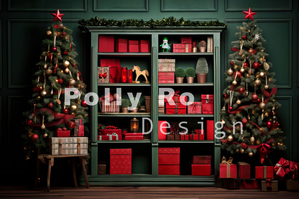 Avezano Christmas Tree and Gift Cabinet Photography Backdrop Designed By Polly Ro Design