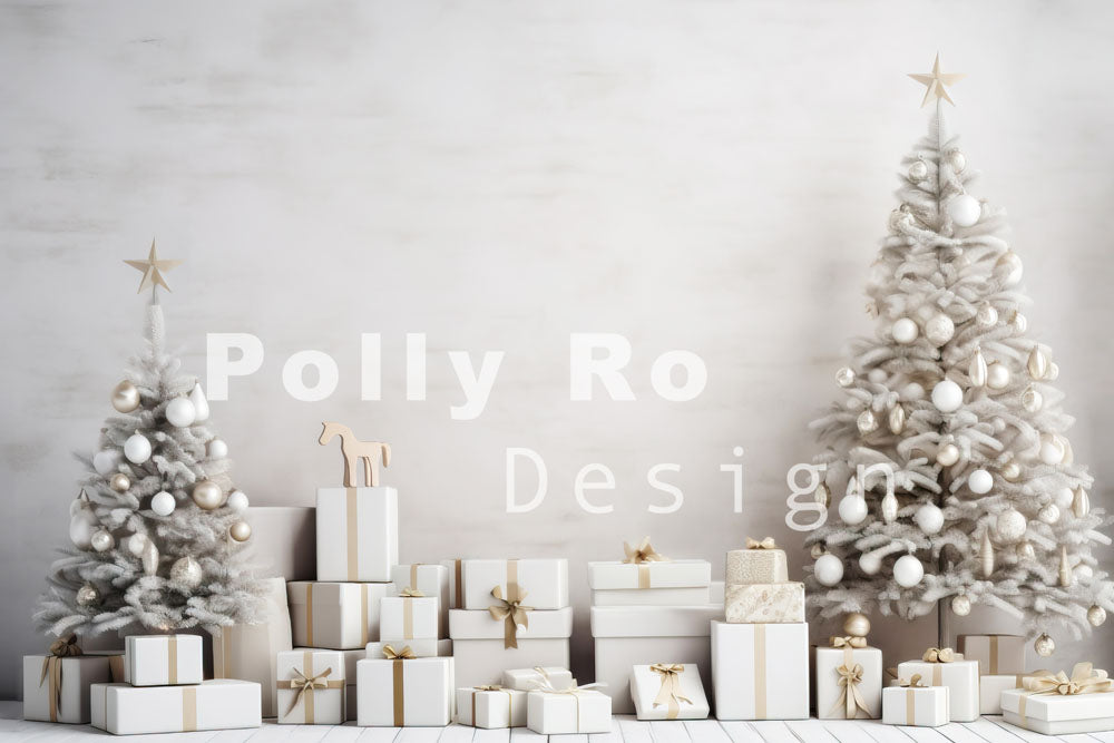 Toile de fond pour photographie de sapin de Noël blanc et de cadeaux d'Avezano conçue par Polly Ro Design