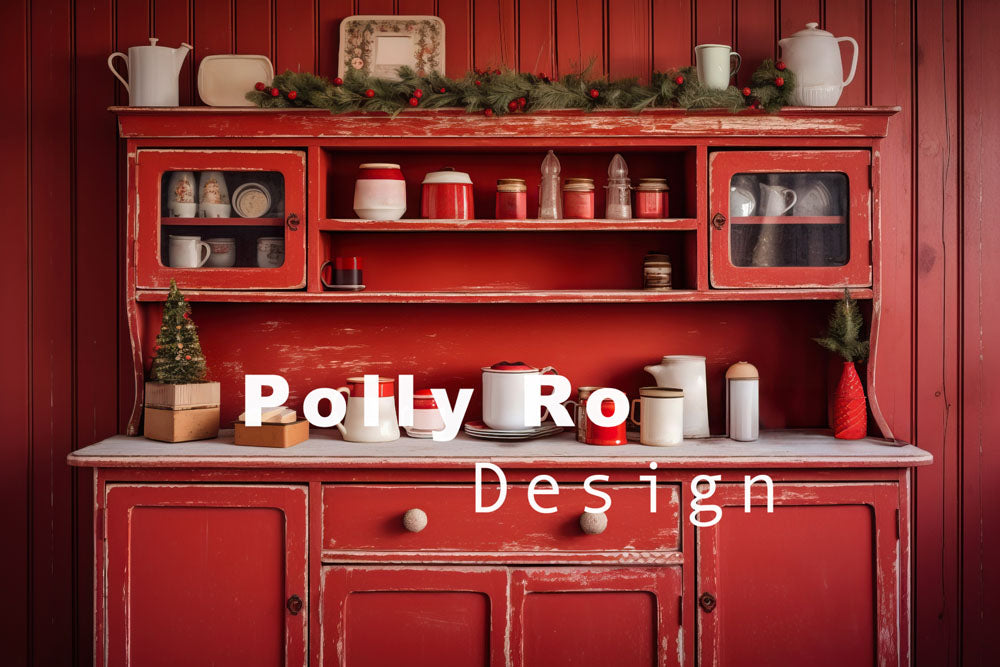 Toile de fond pour photographie de rangement de cuisine rétro rouge de Noël d'Avezano conçue par Polly Ro Design