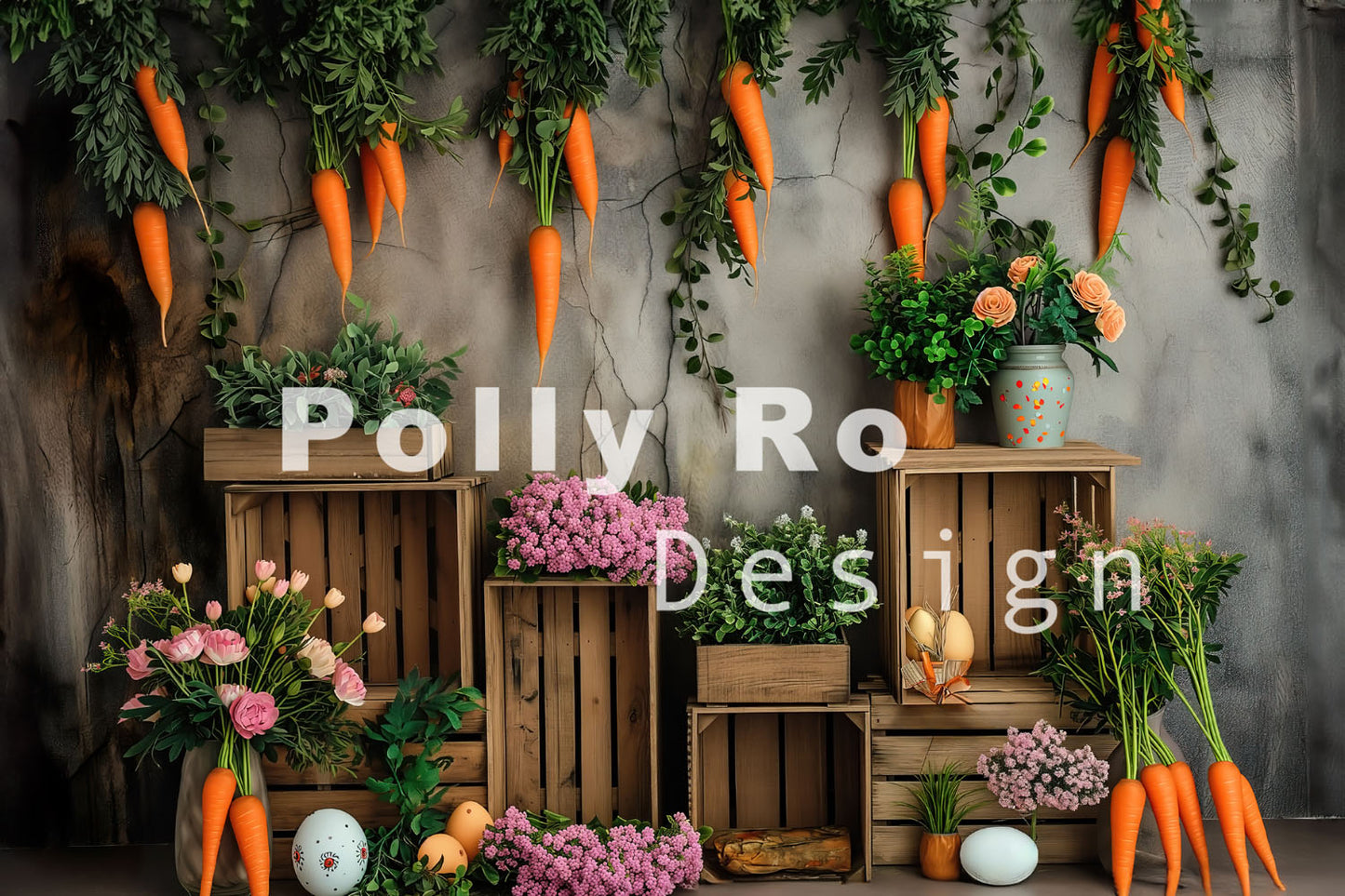 Toile de fond pour photographie de décoration de carottes de Pâques d'Avezano conçue par Polly Ro Design
