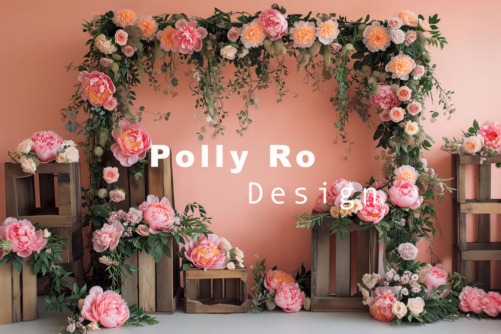 Toile de fond pour photographie d'arche de fleurs roses printanières d'Avezano conçue par Polly Ro Design