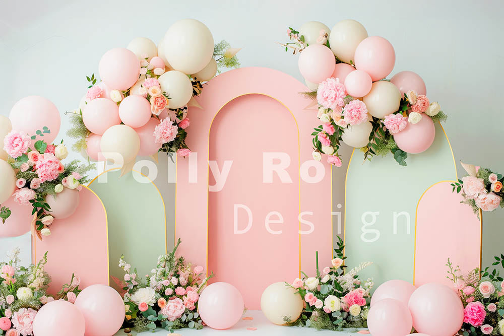 Avezano Pink and Green Arch Balloon Party Photography Backdrop Designed By Polly Ro Design