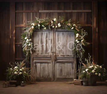 Avezano Vintage Wooden Doors and White Flowers Backdrop Designed By Danyelle Pinnington