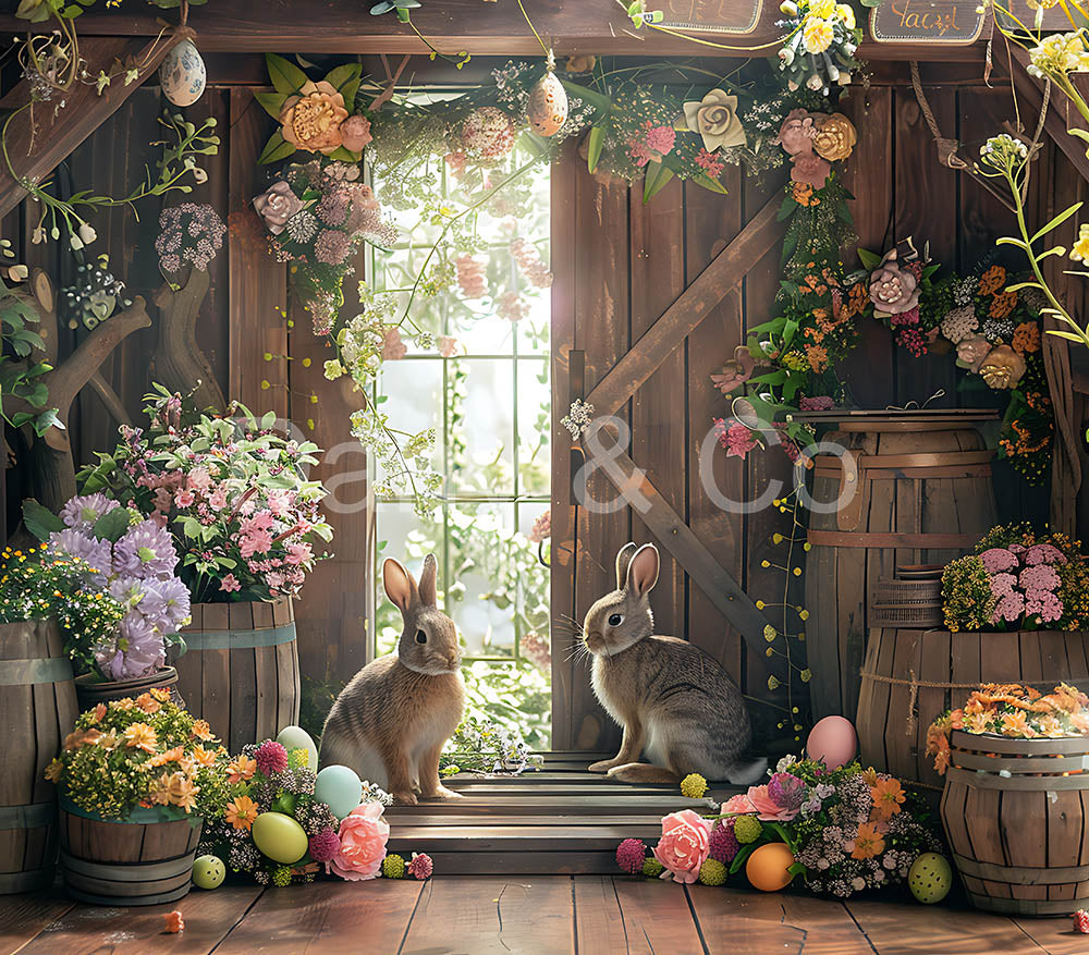 Lapins de Pâques d'Avezano et portes en bois avec fond de fleurs Conçu par Danyelle Pinnington