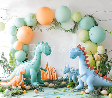 Avezano Balloon Arches and Blue Dinosaurs Digital Backdrop Designed By Elegant Dreams