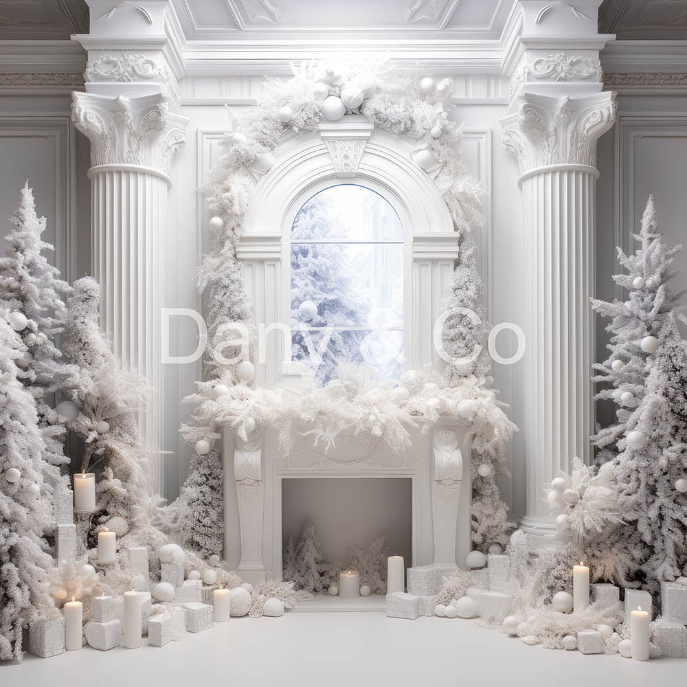 Avezano White Fireplace Christmas tree Digital Backdrop Designed By El