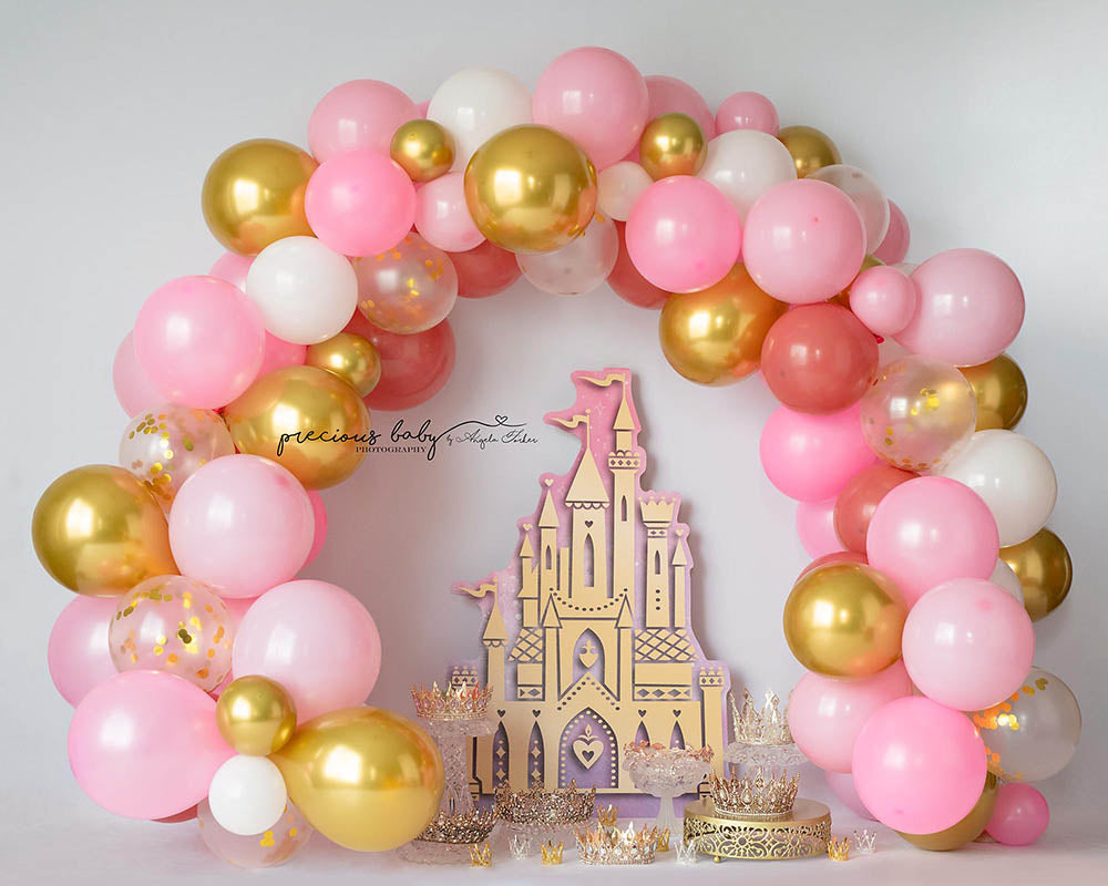VIP Avezano Pink Balloons and Castles Cake Smash Photography Backdrop Designed By Angela Forker