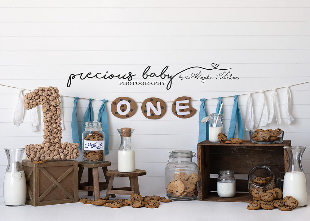 Avezano Milk and Cookies First Birthday Cake Smash Photography Backdrop Designed By Angela Forker