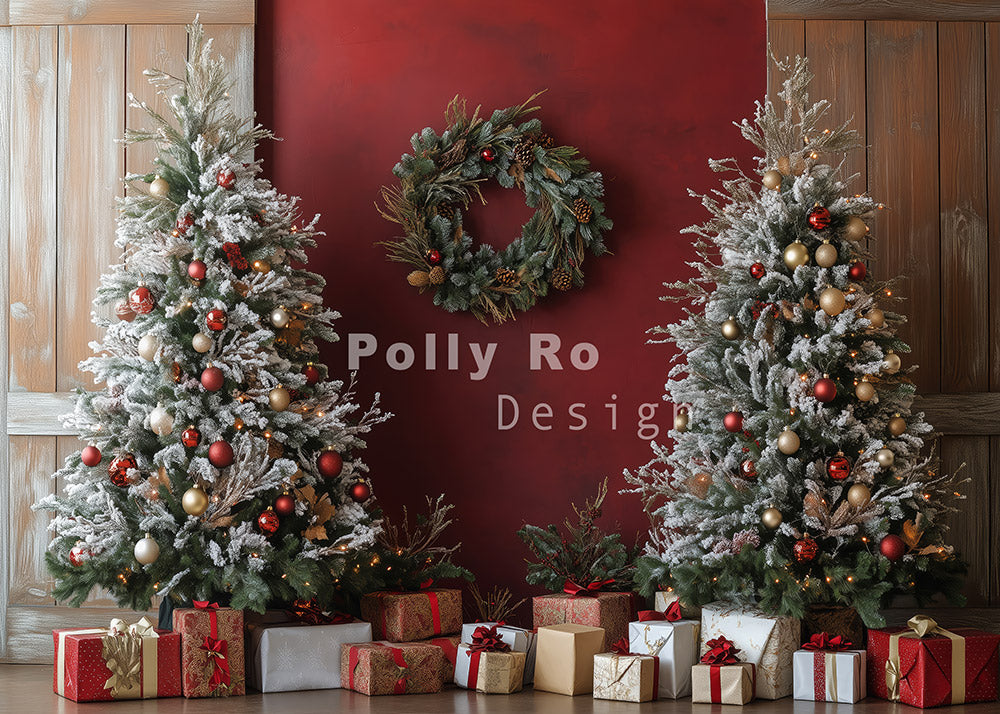Toile de fond pour photographie de décoration d'arbre de Noël rouge d'Avezano conçue par Polly Ro Design