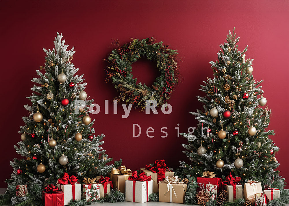Toile de fond pour photographie d'arbre de Noël et de mur rouge d'Avezano conçue par Polly Ro Design