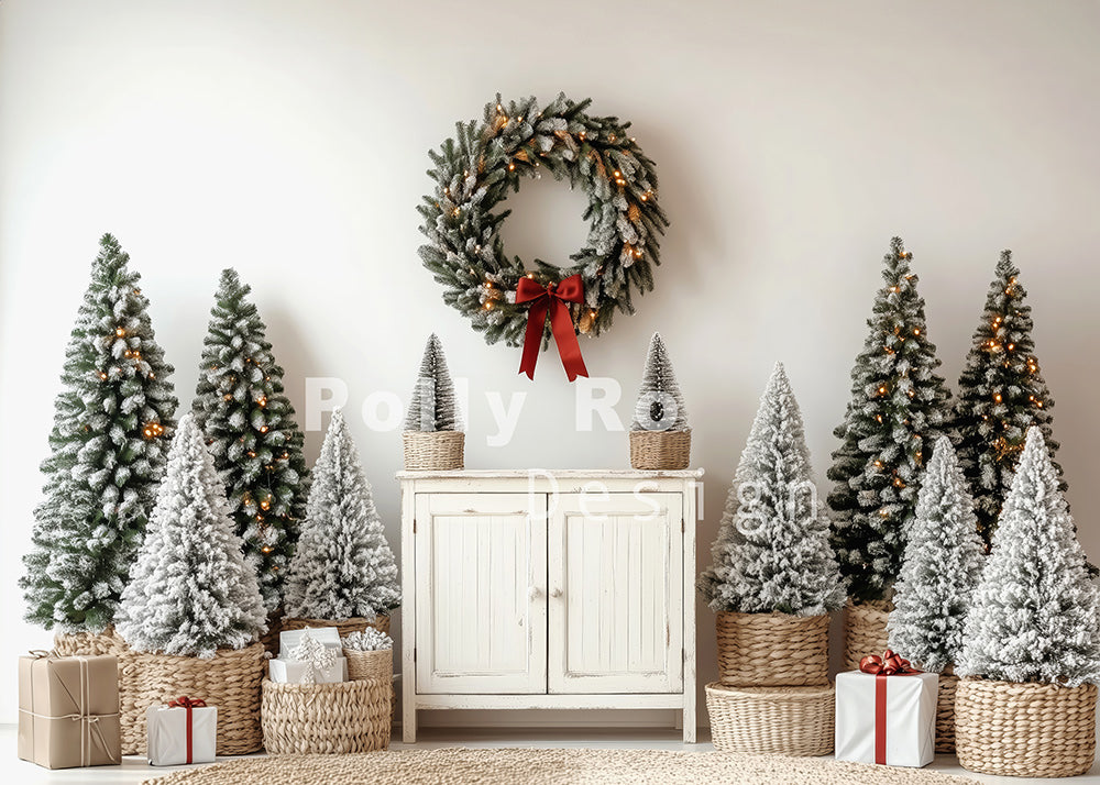 Toile de fond pour photographie d'arbre de Noël et d'armoire blanche d'Avezano conçue par Polly Ro Design