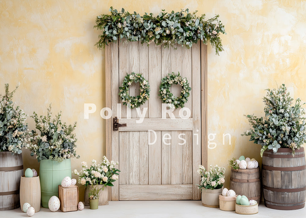 Toile de fond pour photographie de porte en bois clair de Pâques d'Avezano conçue par Polly Ro Design