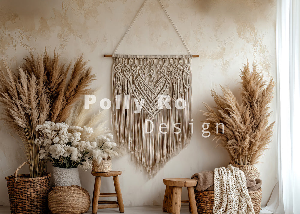 Toile de fond pour photographie de décoration en roseau bohème d'Avezano conçue par Polly Ro Design