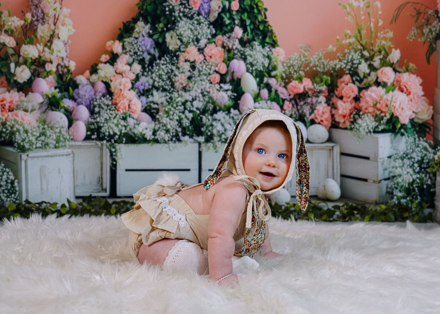 Avezano Bunny Surrounded By Easter Grass and Roses Photography Backdrop Designed By Polly Ro Design