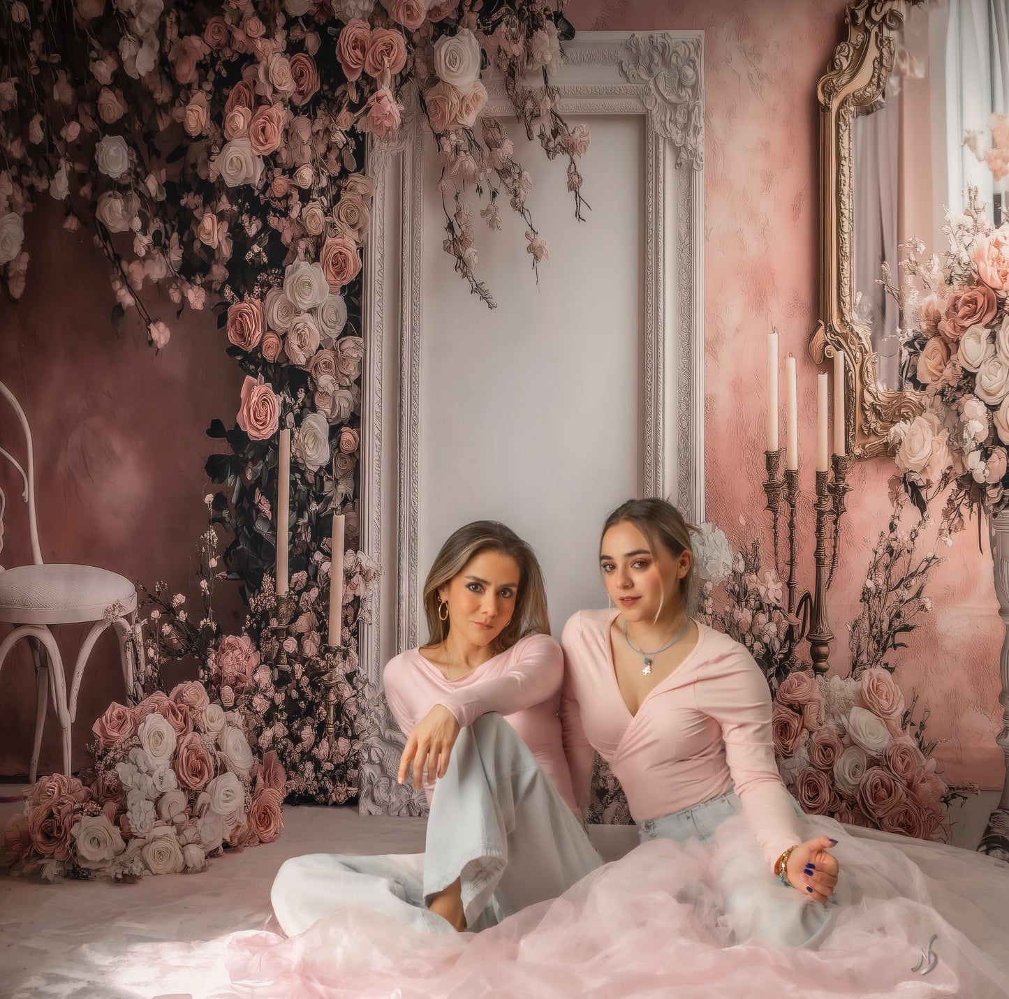 Toile de fond rose pour photographie de la salle Avezano Rose, conçue par Polly Ro Design