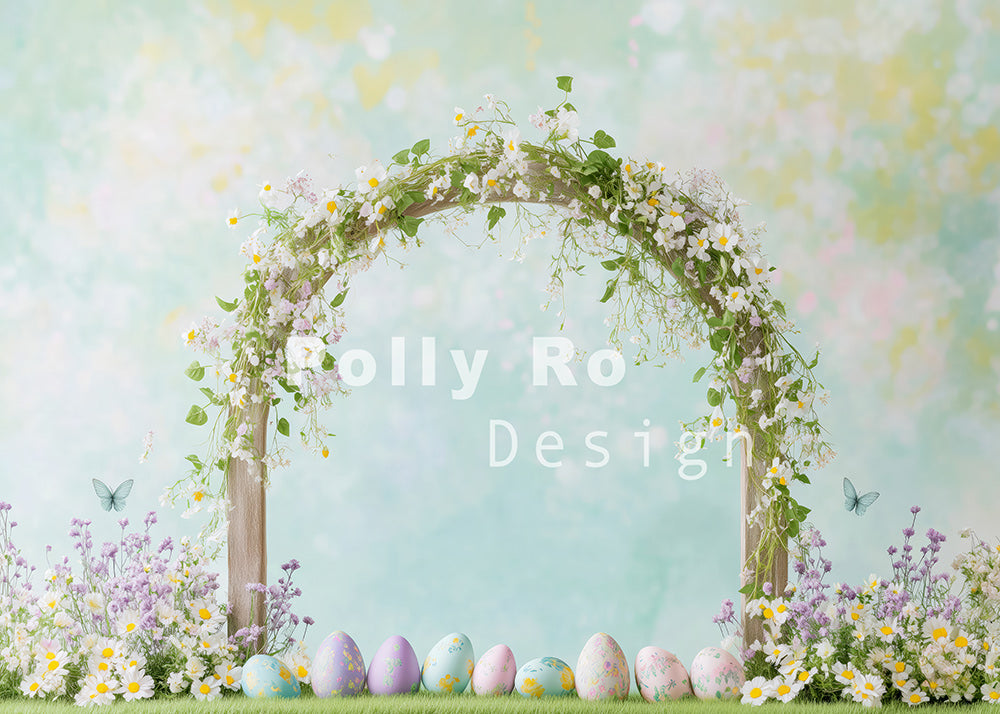 Arches de Pâques d'Avezano recouvertes de fleurs, toile de fond pour photographie conçue par Polly Ro Design