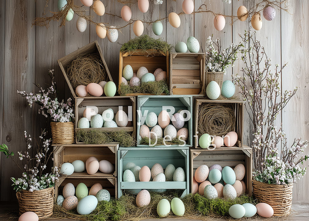 Avezano Wooden Boxes and Easter Eggs Photography Backdrop Designed By Polly Ro Design