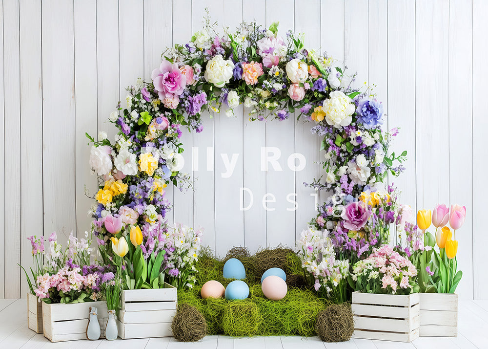 Arche de fleurs d'Avezano Toile de fond pour photographie de Pâques conçue par Polly Ro Design