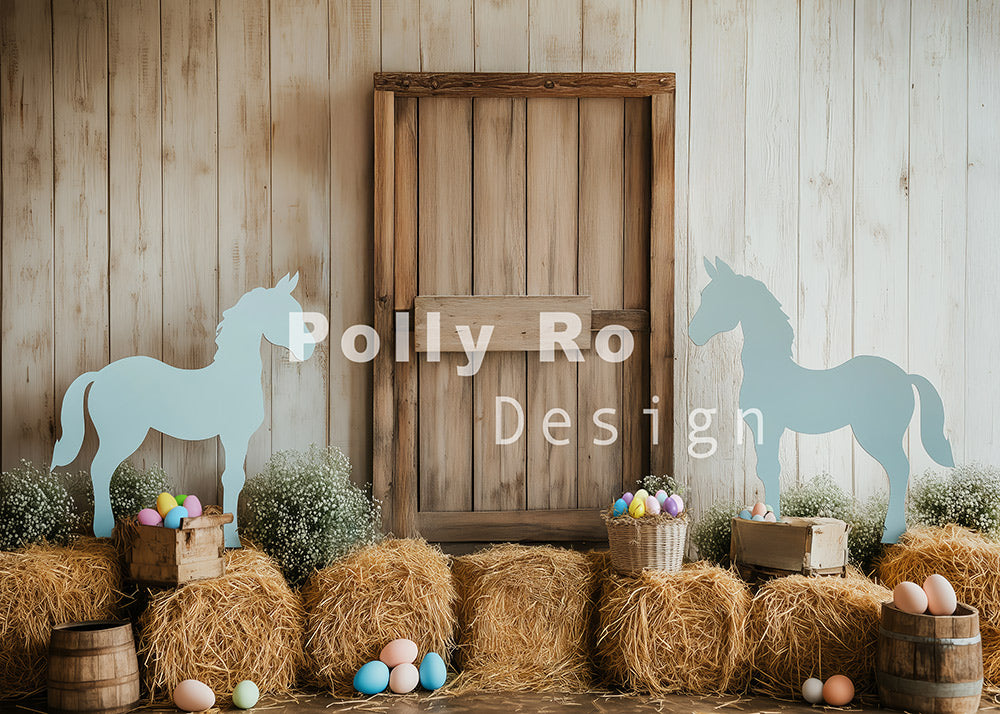 Toile de fond pour photographie de chevaux et de maisons de paille de Pâques d'Avezano conçue par Polly Ro Design