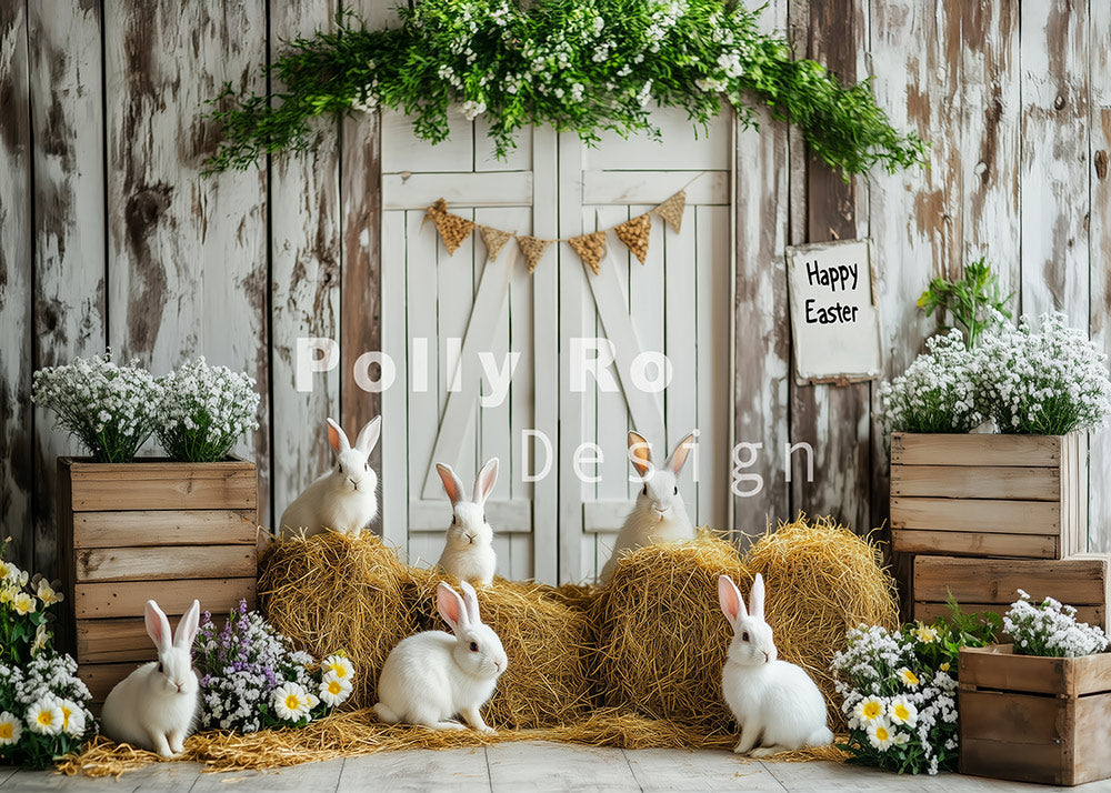 Avezano Happy Easter Bunny and Straw Photography Backdrop Designed By Polly Ro Design