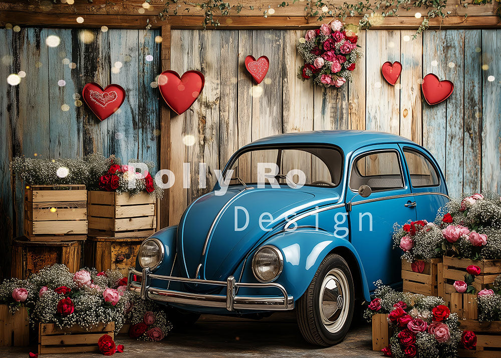 Avezano Valentine's Day Blue Car and Roses Photography Backdrop Designed By Polly Ro Design