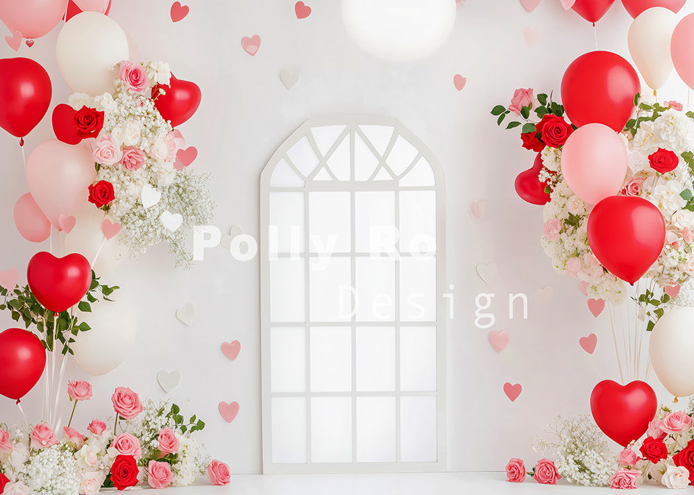 Avezano Valentine's Day White Walls and Pink Balloons Photography Backdrop Designed By Polly Ro Design