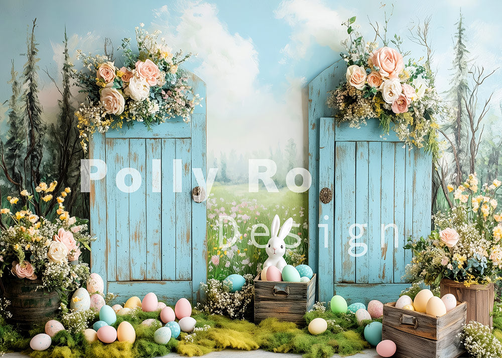 Avezano Easter Grass and Blue Wooden Doors Photography Backdrop Designed By Polly Ro Design