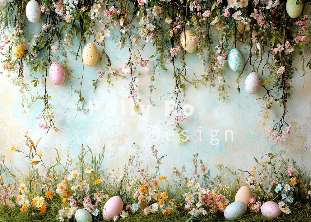 Avezano Spring Easter Colorful Flowers and Eggs Photography Backdrop Designed By Polly Ro Design